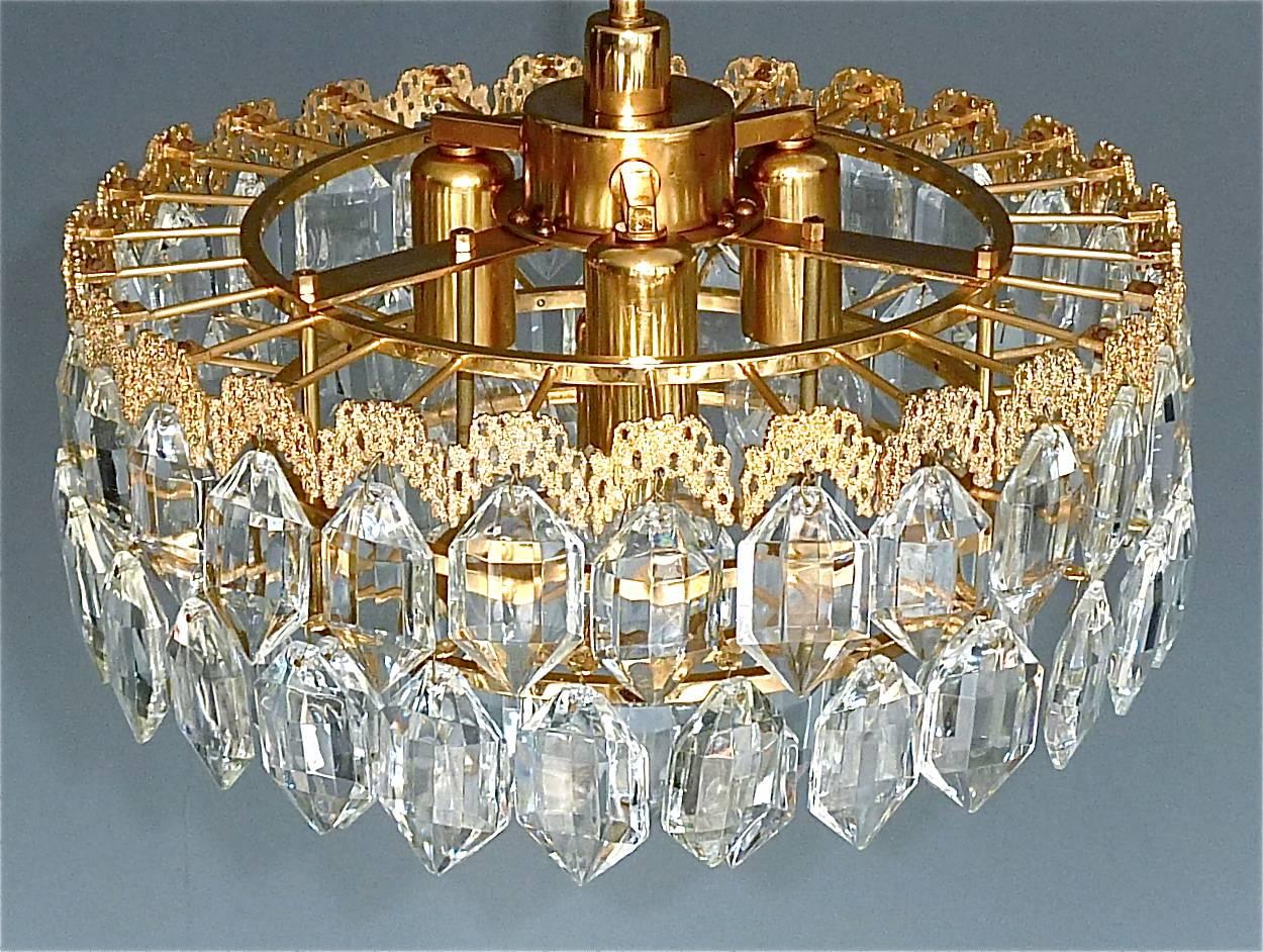 Austrian Midcentury Bakalowits Chandelier Gilt Brass Faceted Crystal Glass Austria 1960s For Sale