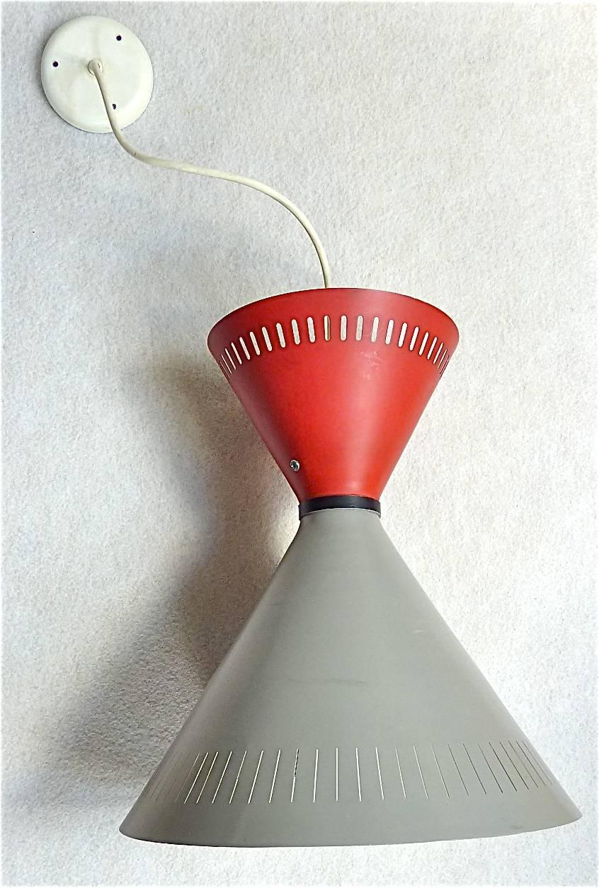 Mid-Century Modern Large Pendant Lamp and Sconce Stilnovo Arteluce Lumi Style Grey Red Black 1950s For Sale