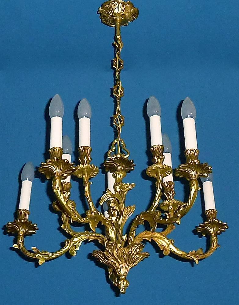 Rococo Revival Large Gilt Bronze 10-Light Chandelier, Floral French Baroque Rococo Bagues Style