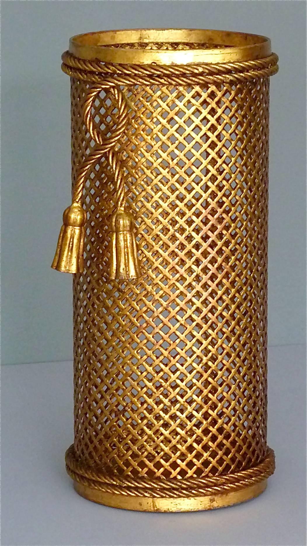 Two Midcentury Italian Gilt Woven Metal Umbrella Stands, 1950s, Hans Kögl Style 1