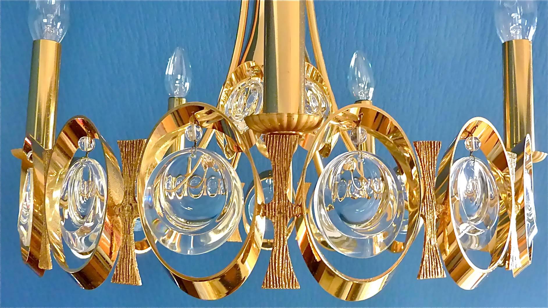 Polished Large Palwa Chandelier Op Pop Art Gilt Brass Optical Crystal Glass Discs 1960s For Sale