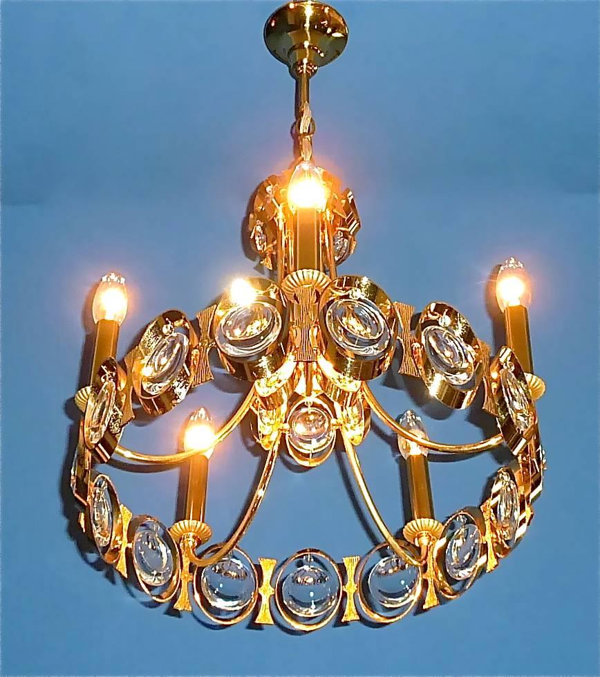 Mid-20th Century Large Palwa Chandelier Op Pop Art Gilt Brass Optical Crystal Glass Discs 1960s For Sale