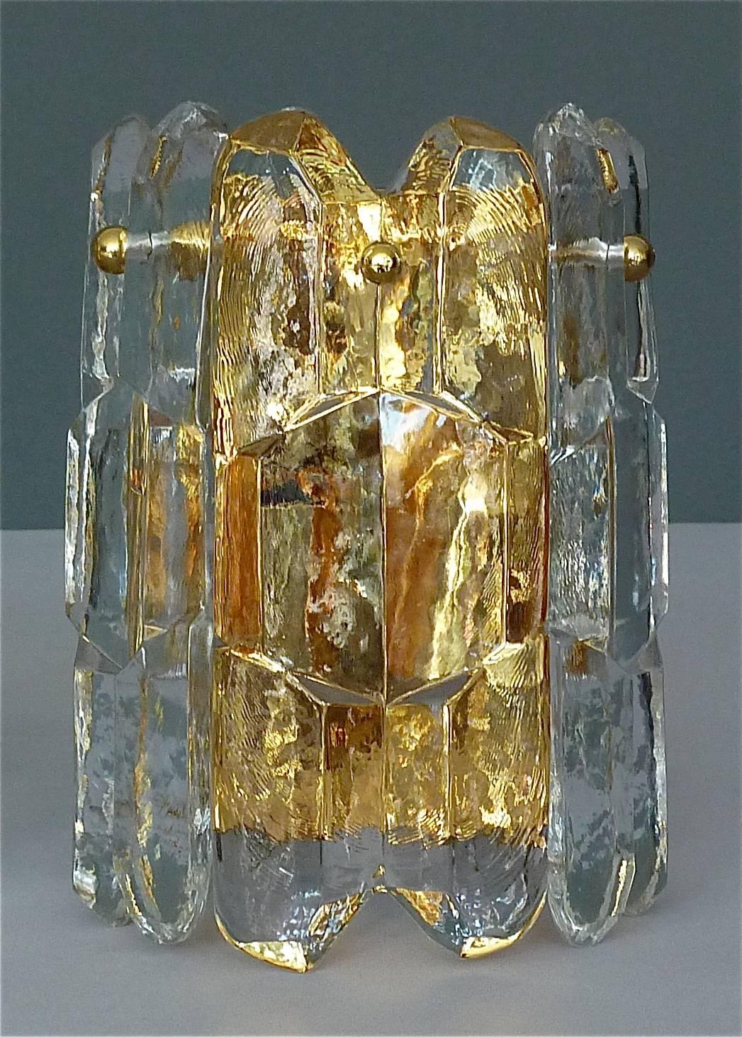 Midcentury pair of fine 24-Karat gold-plated brass and textured crystal ice glass 