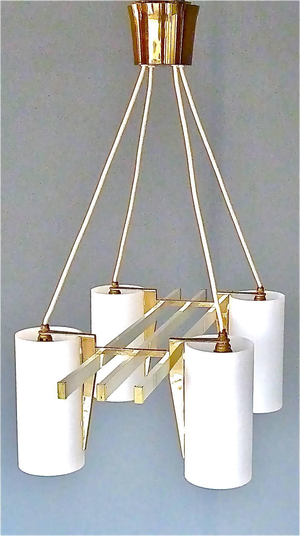 Mid-Century Modern Sculptural 1950s Brass Tube Glass Chandelier Arredoluce Angelo Lelii Style