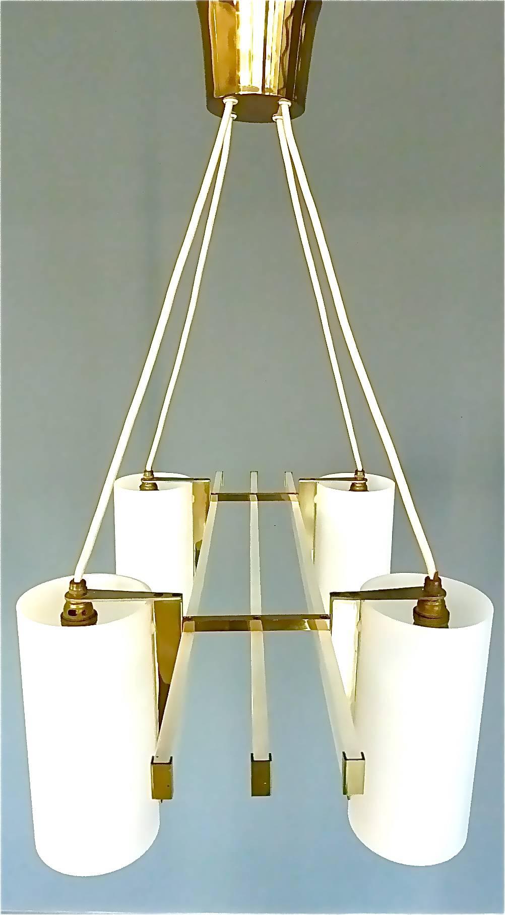 German Sculptural 1950s Brass Tube Glass Chandelier Arredoluce Angelo Lelii Style