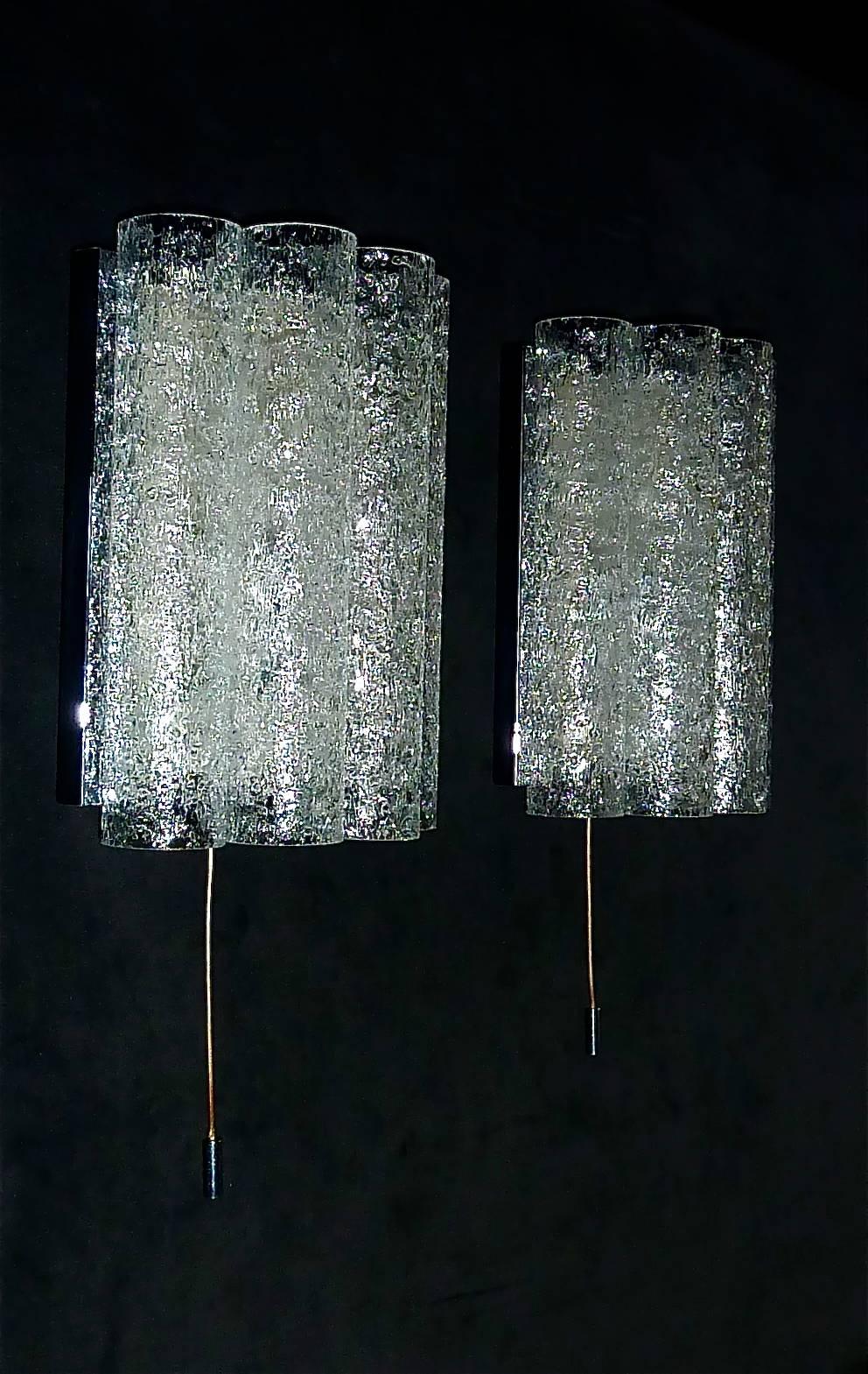 German Chromed Pair of Midcentury Ice Glass Tube Sconces by Doria 1960s in Kalmar Style