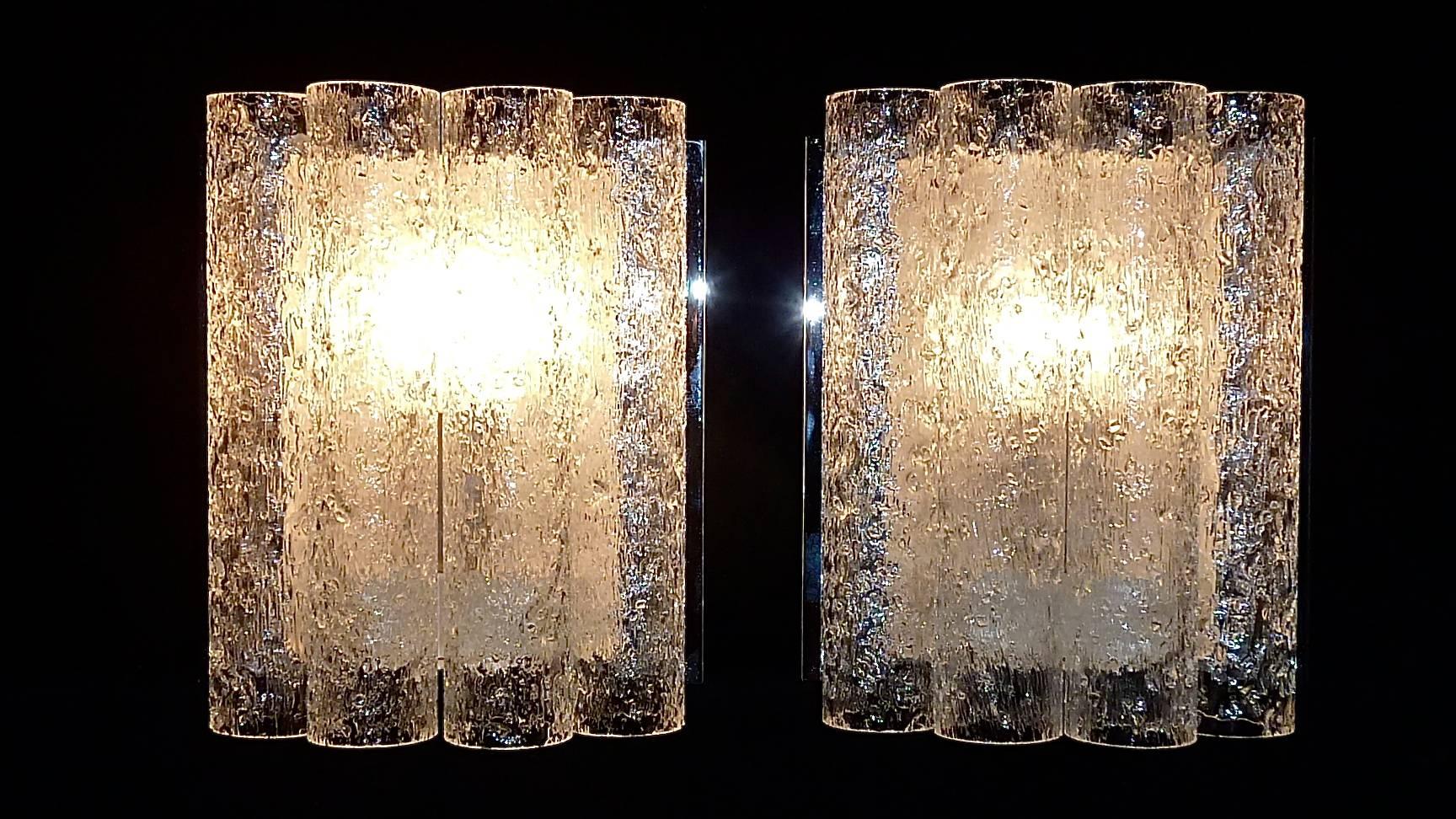 Chromed Pair of Midcentury Ice Glass Tube Sconces by Doria 1960s in Kalmar Style 1