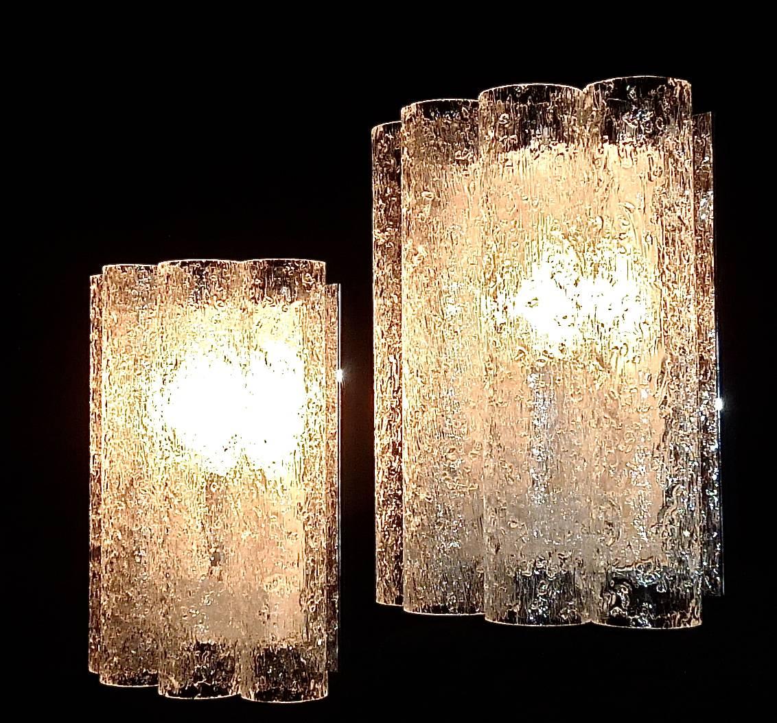 Chromed Pair of Midcentury Ice Glass Tube Sconces by Doria 1960s in Kalmar Style 2