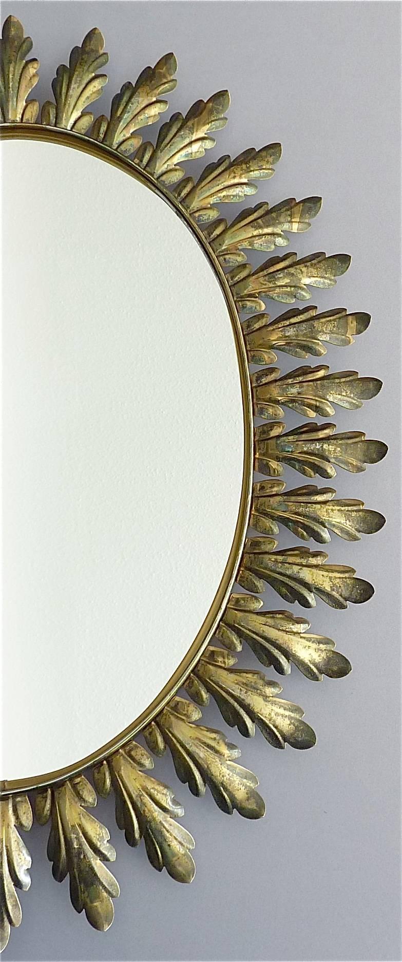 Belgian Large Midcentury Wall Mirror Patinated Brass Oval Floral Leaf Sunburst 1950s