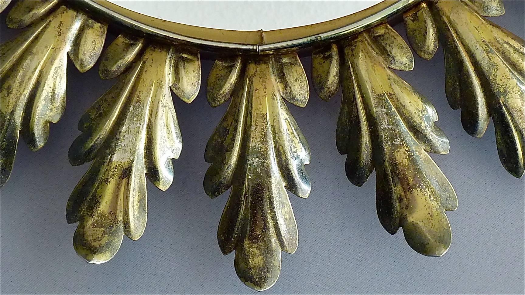 Mid-20th Century Large Midcentury Wall Mirror Patinated Brass Oval Floral Leaf Sunburst 1950s