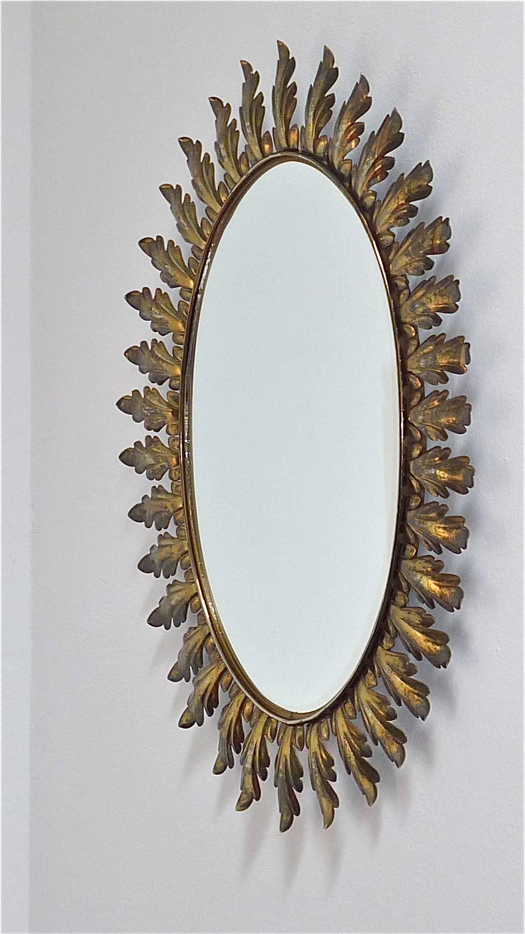Large Midcentury Wall Mirror Patinated Brass Oval Floral Leaf Sunburst 1950s 1