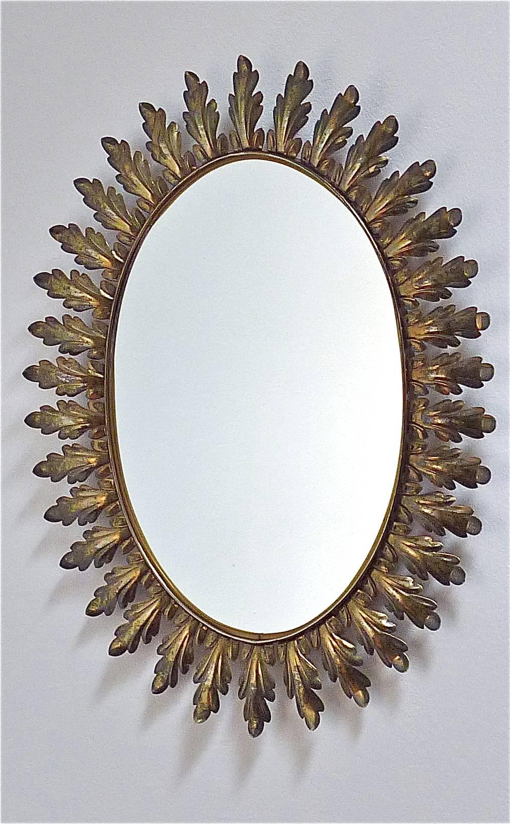 Large Midcentury Wall Mirror Patinated Brass Oval Floral Leaf Sunburst 1950s 4