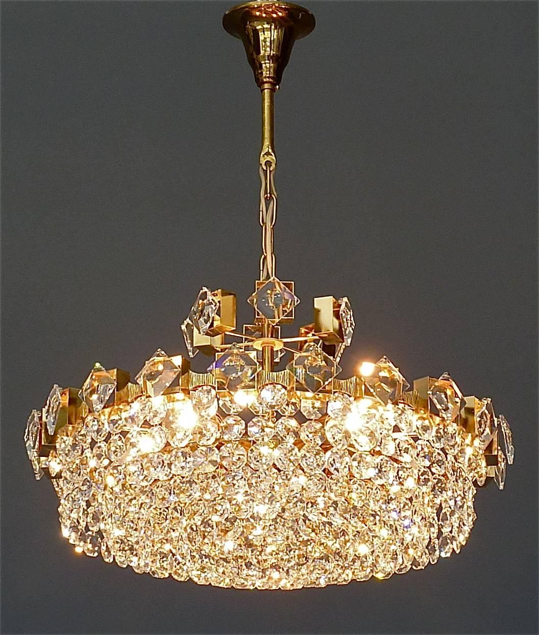Large Palwa Chandelier Gilt Brass Faceted Crystal Glass 1960 Lobmeyr Style For Sale 2