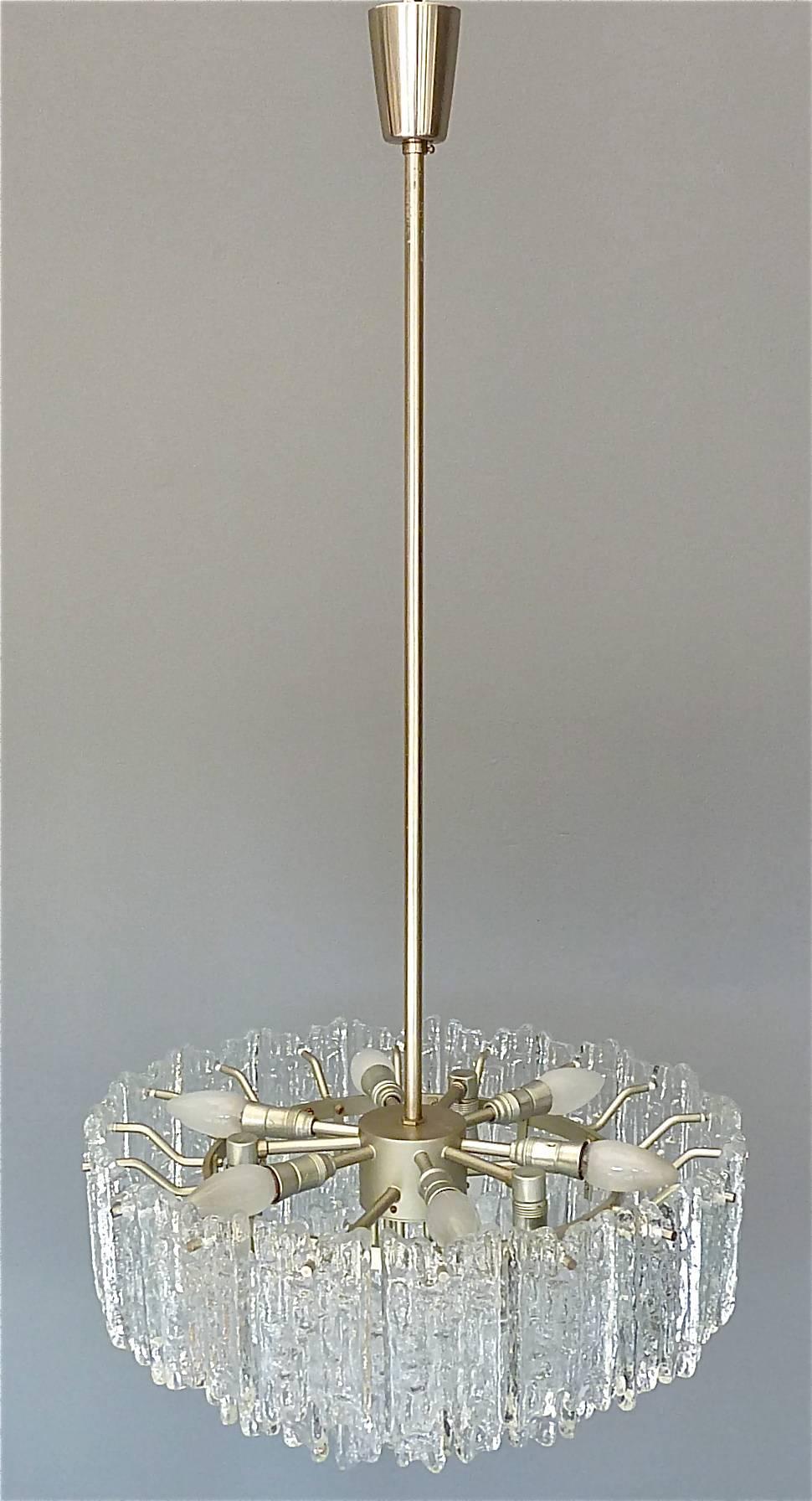 Austrian Large Mid-Century Kalmar Austria Nickelled Brass Textured Ice Glass Chandelier For Sale
