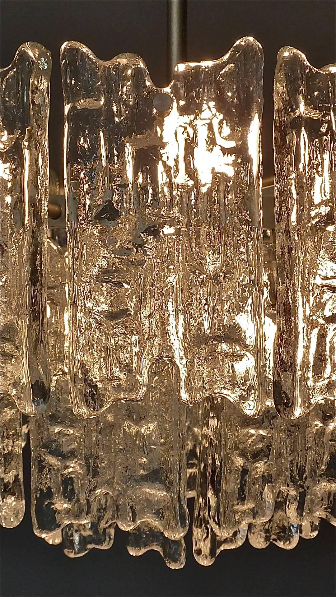 Metal Large Mid-Century Kalmar Austria Nickelled Brass Textured Ice Glass Chandelier For Sale