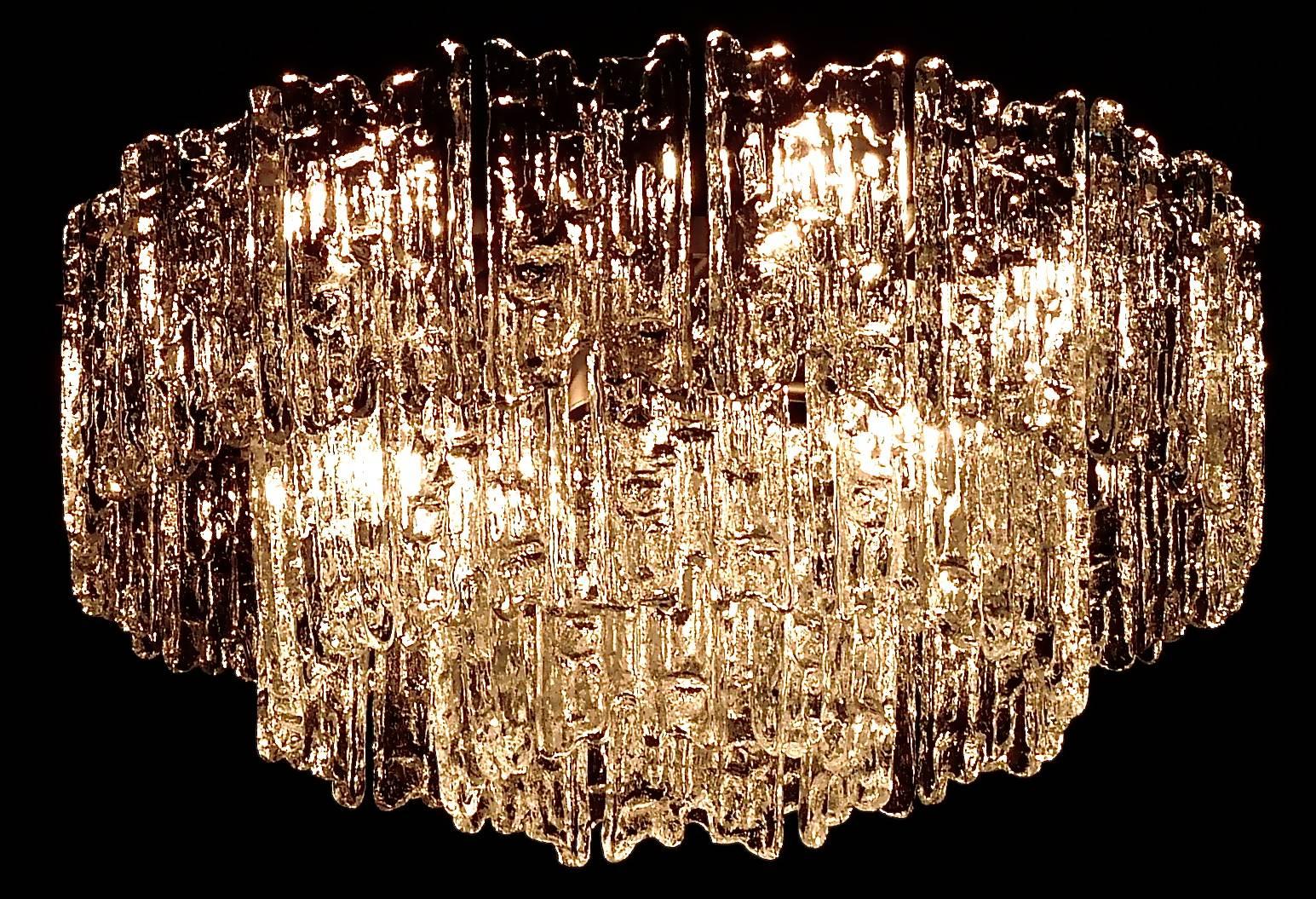 Large Mid-Century Kalmar Austria Nickelled Brass Textured Ice Glass Chandelier For Sale 2