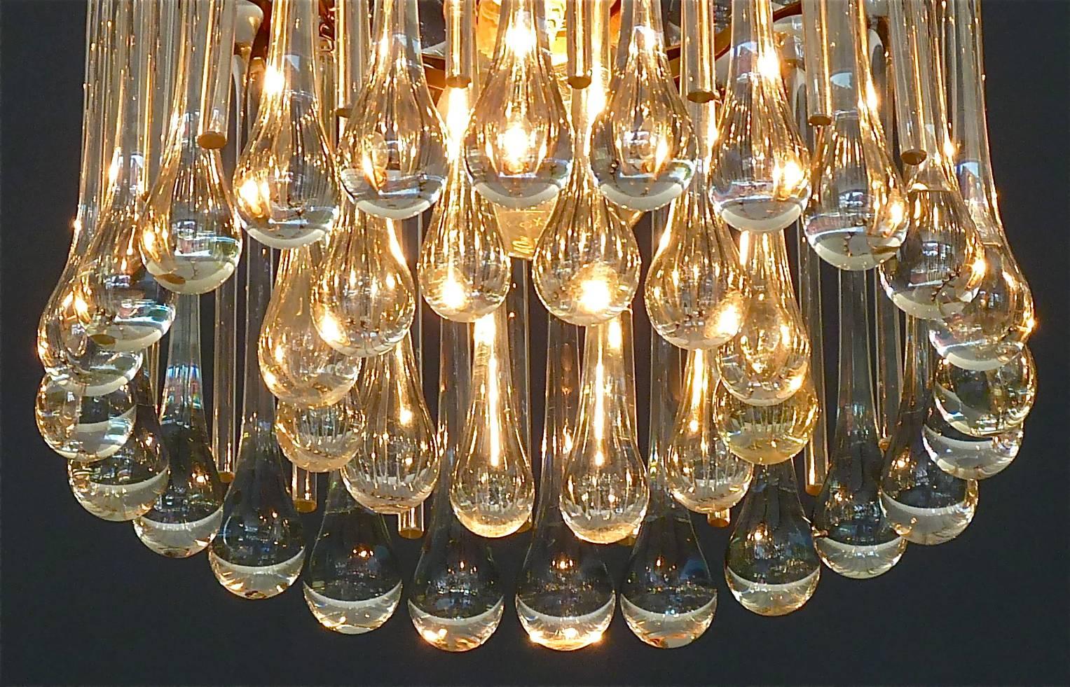 Mid-Century Modern Signed Palwa Chandelier Gilt Brass Murano Crystal Glass Drops 1960s Venini Style For Sale