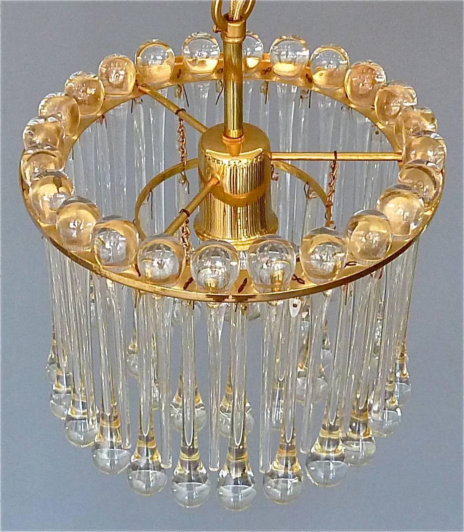 Mid-20th Century Signed Palwa Chandelier Gilt Brass Murano Crystal Glass Drops 1960s Venini Style For Sale