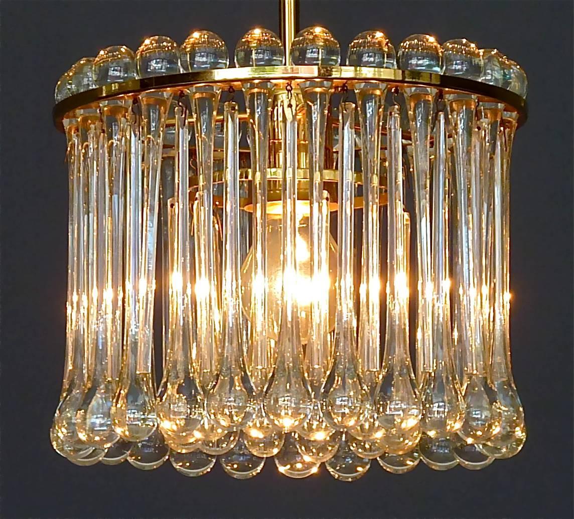 Signed Palwa Chandelier Gilt Brass Murano Crystal Glass Drops 1960s Venini Style For Sale 3