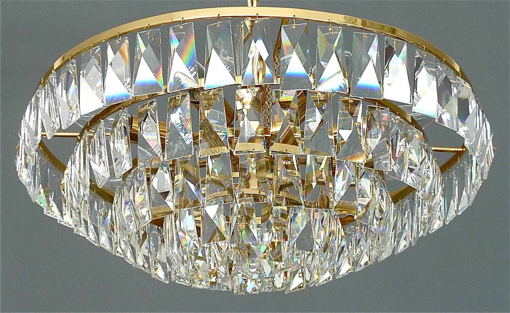Mid-Century Modern Fine Large Palwa Chandelier Gilt Brass Faceted Crystal Glass Five-Tiers, 1960s