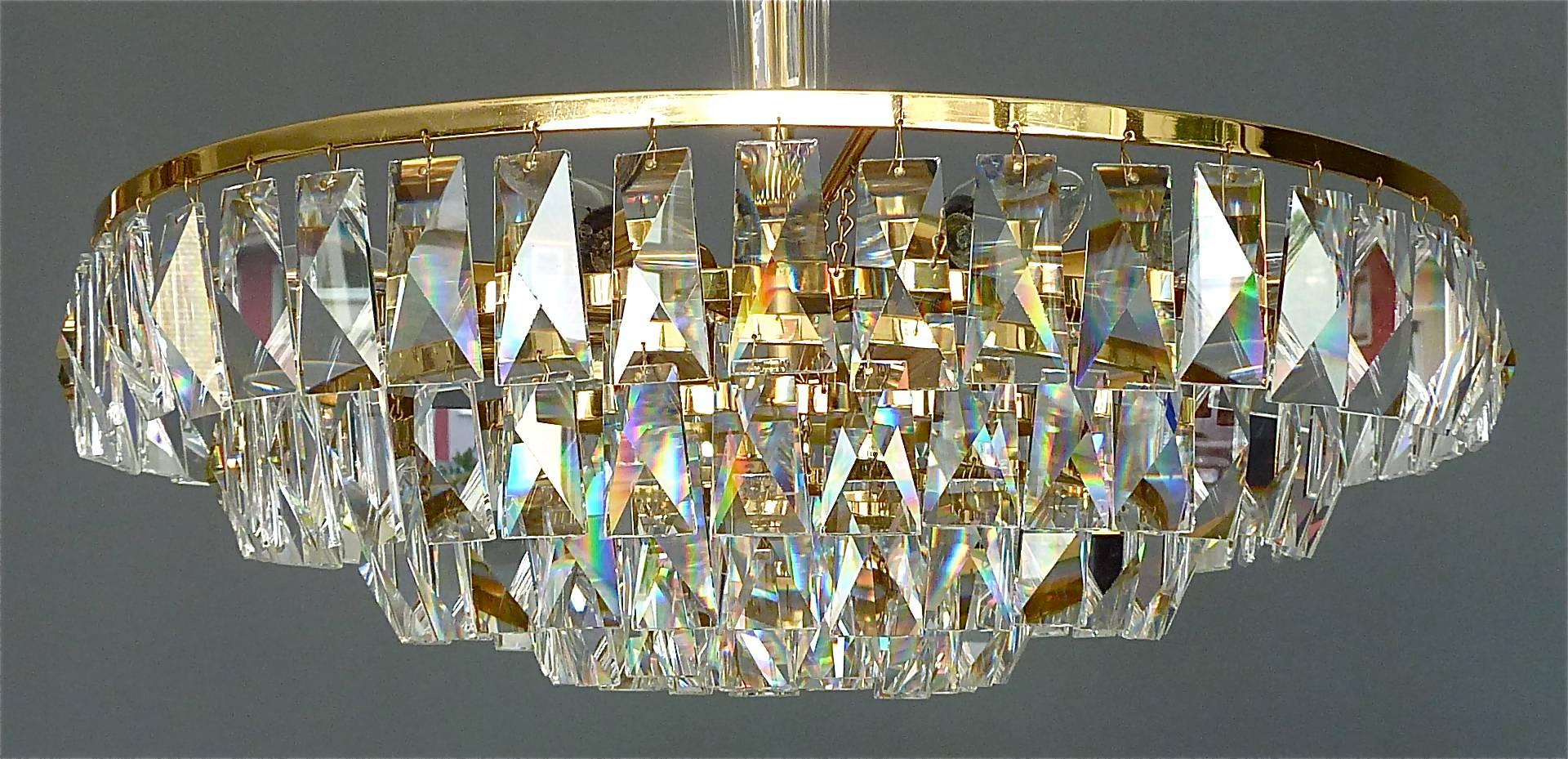 German Fine Large Palwa Chandelier Gilt Brass Faceted Crystal Glass Five-Tiers, 1960s