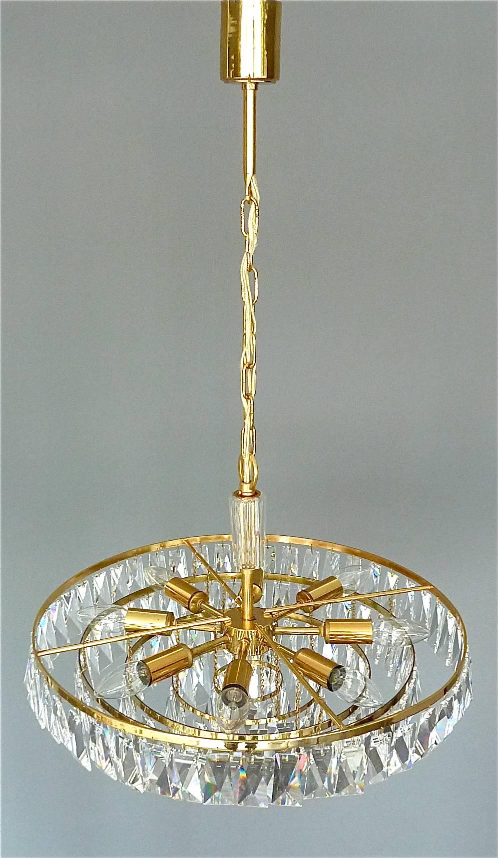 Mid-20th Century Fine Large Palwa Chandelier Gilt Brass Faceted Crystal Glass Five-Tiers, 1960s
