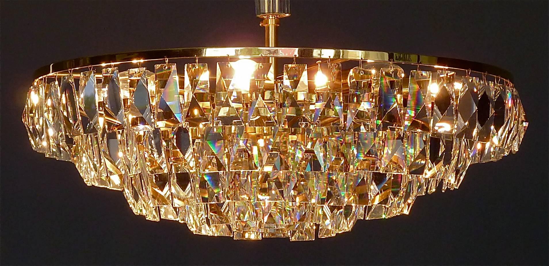 Fine Large Palwa Chandelier Gilt Brass Faceted Crystal Glass Five-Tiers, 1960s 2