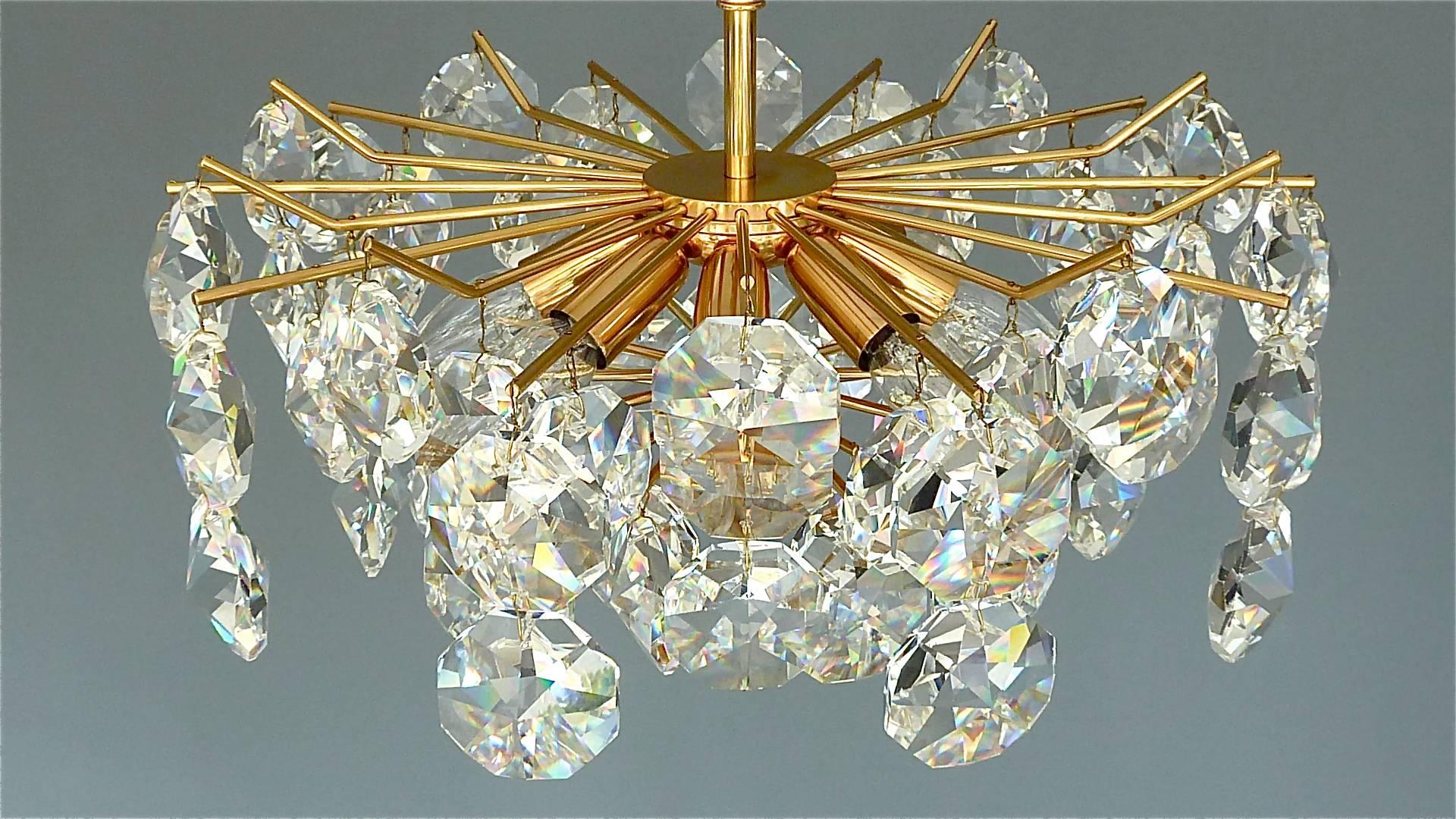 German Noble Palwa Chandelier Mid-Century Gilt Brass Faceted Crystal Glass Sputnik 1960 For Sale