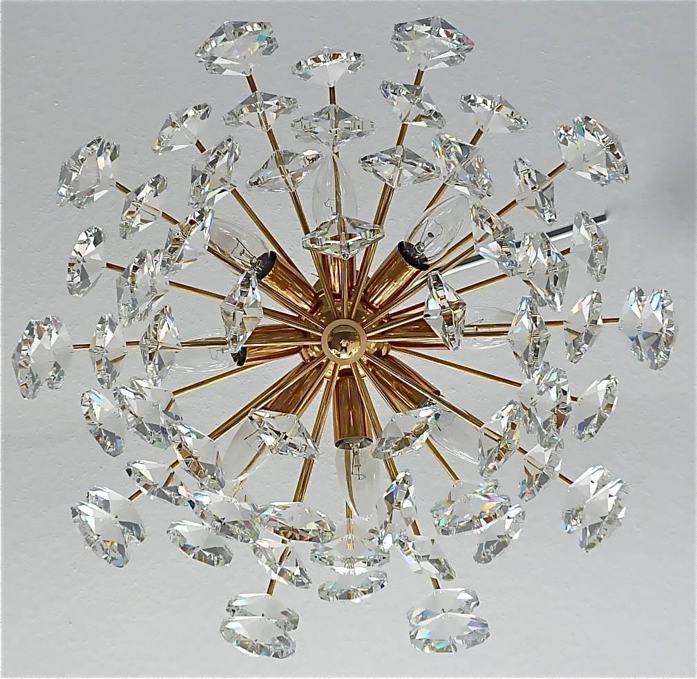 Mid-20th Century Noble Palwa Chandelier Mid-Century Gilt Brass Faceted Crystal Glass Sputnik 1960 For Sale