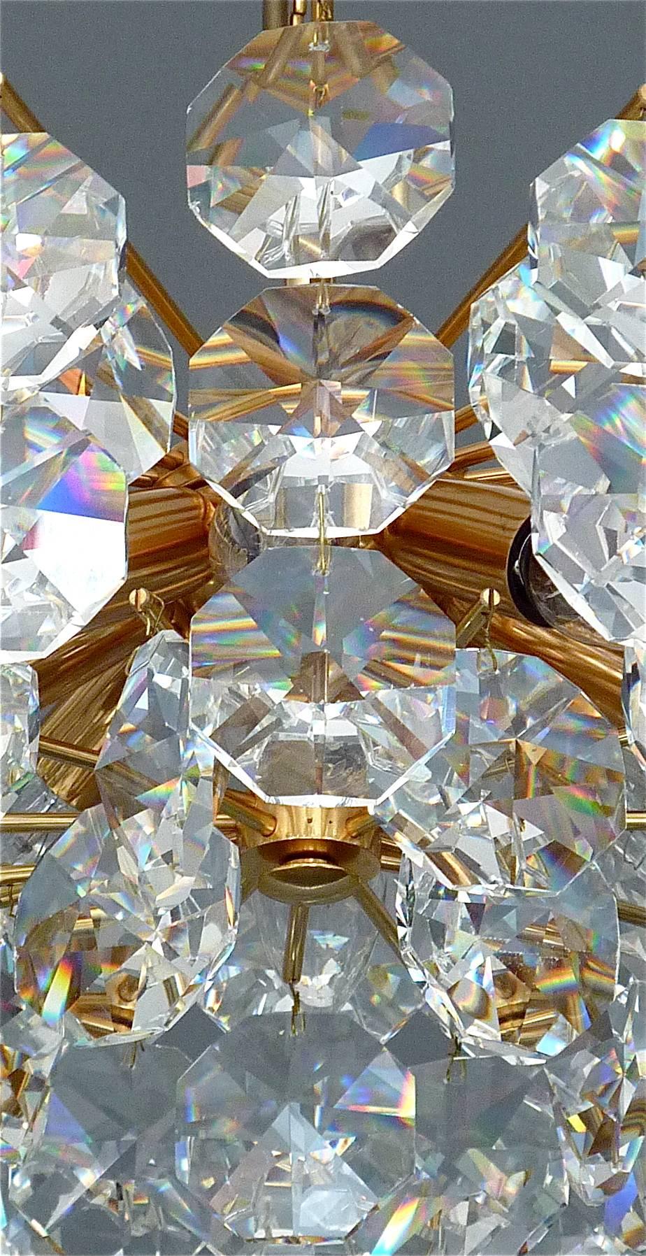 Noble Palwa Chandelier Mid-Century Gilt Brass Faceted Crystal Glass Sputnik 1960 For Sale 1
