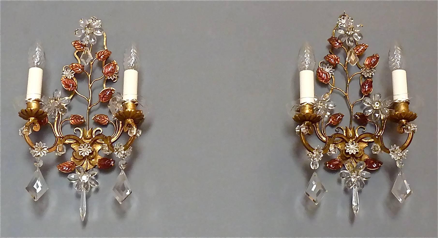 Mid-Century Modern Great Pair of Maison Baguès Style Flower Leaf Sconces Gilt Faceted Crystal Glass