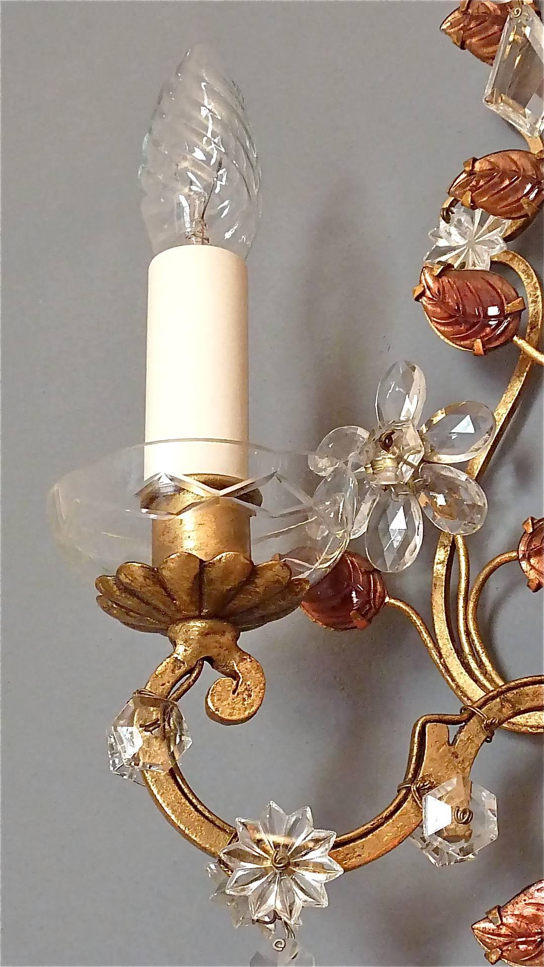 French Great Pair of Maison Baguès Style Flower Leaf Sconces Gilt Faceted Crystal Glass