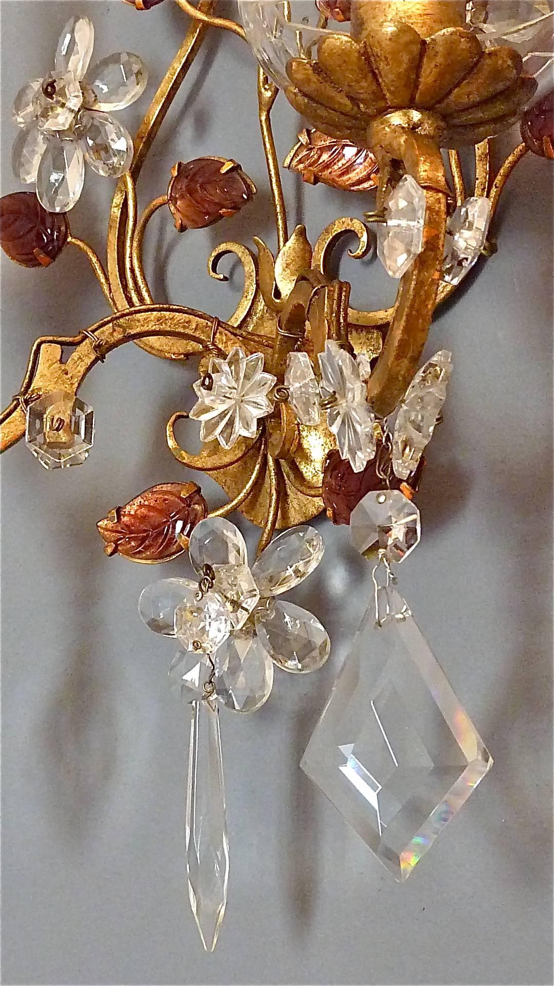 Mid-20th Century Great Pair of Maison Baguès Style Flower Leaf Sconces Gilt Faceted Crystal Glass