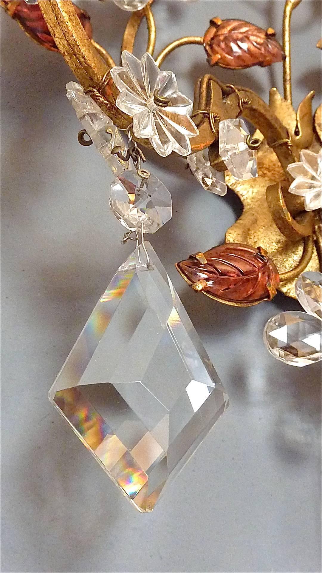 Metal Great Pair of Maison Baguès Style Flower Leaf Sconces Gilt Faceted Crystal Glass