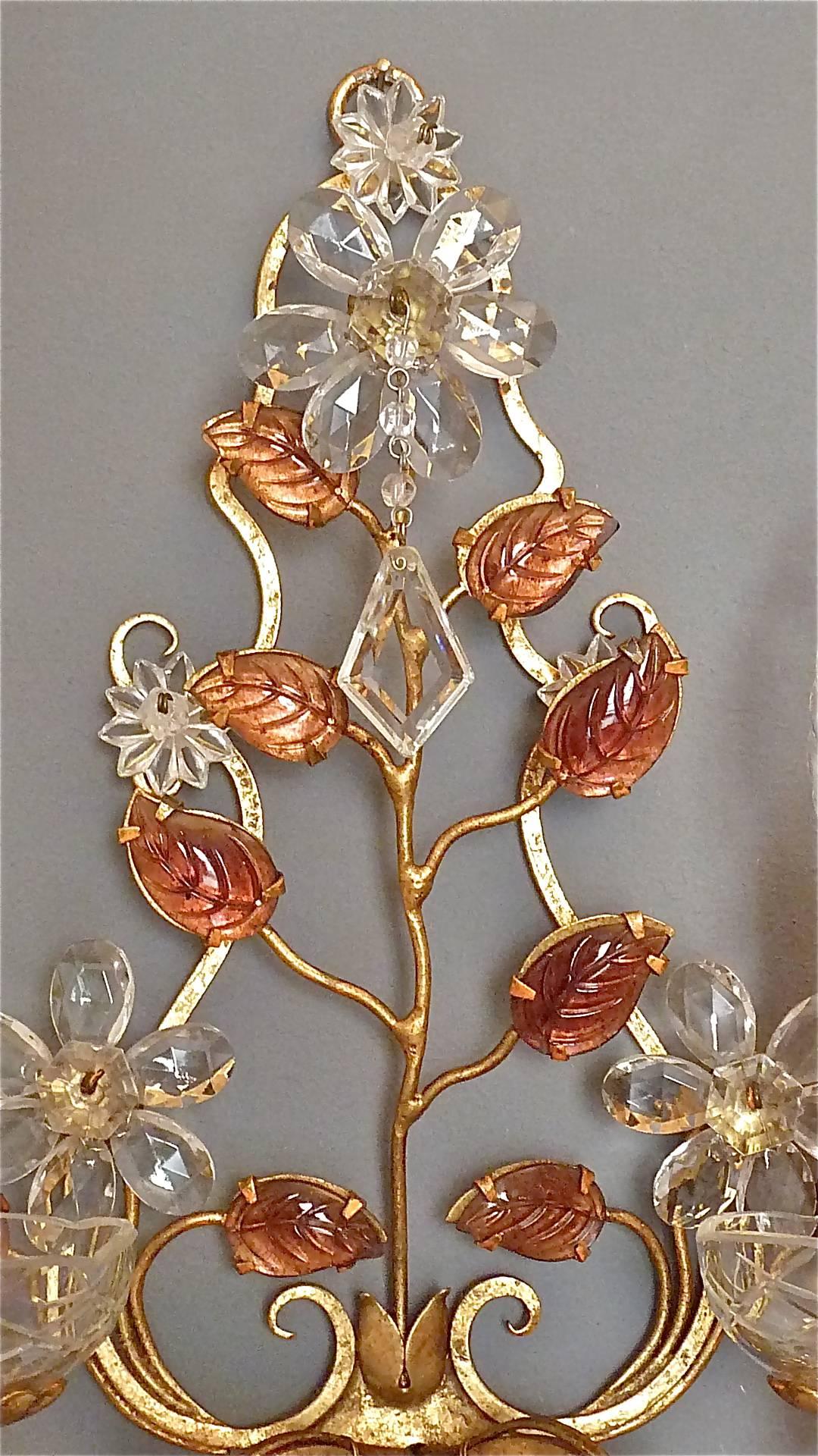 Great Pair of Maison Baguès Style Flower Leaf Sconces Gilt Faceted Crystal Glass 1