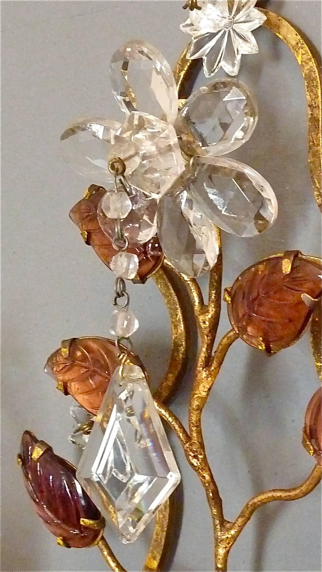 Great Pair of Maison Baguès Style Flower Leaf Sconces Gilt Faceted Crystal Glass 2