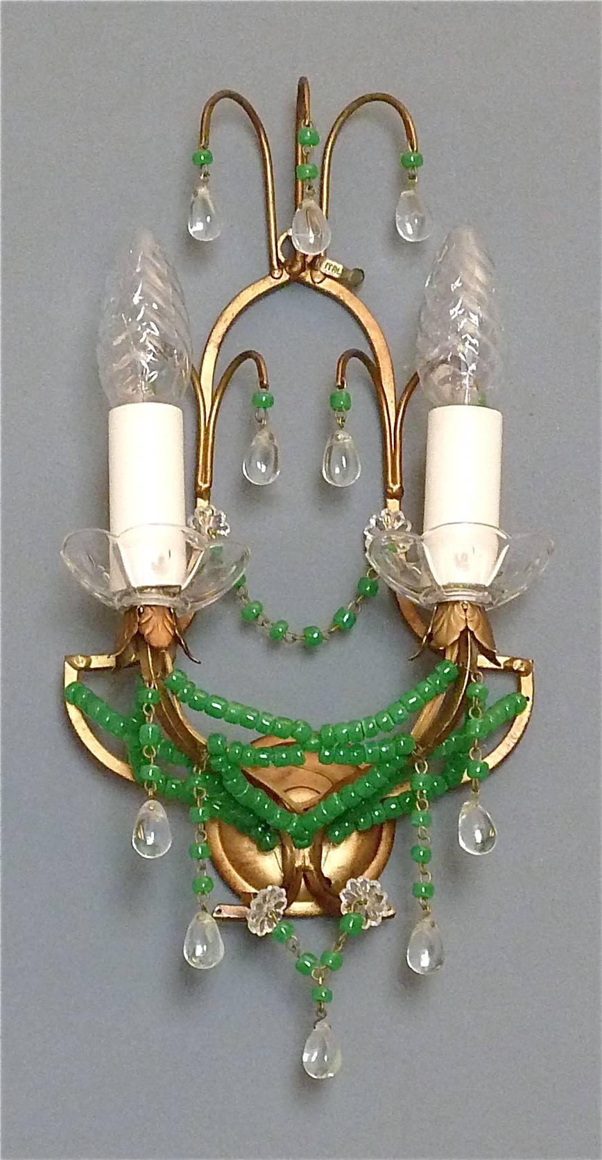 Mid-Century Modern Pair Signed Sconces Italian Floral Gilt Metal Crystal Jade Green Murano Glass