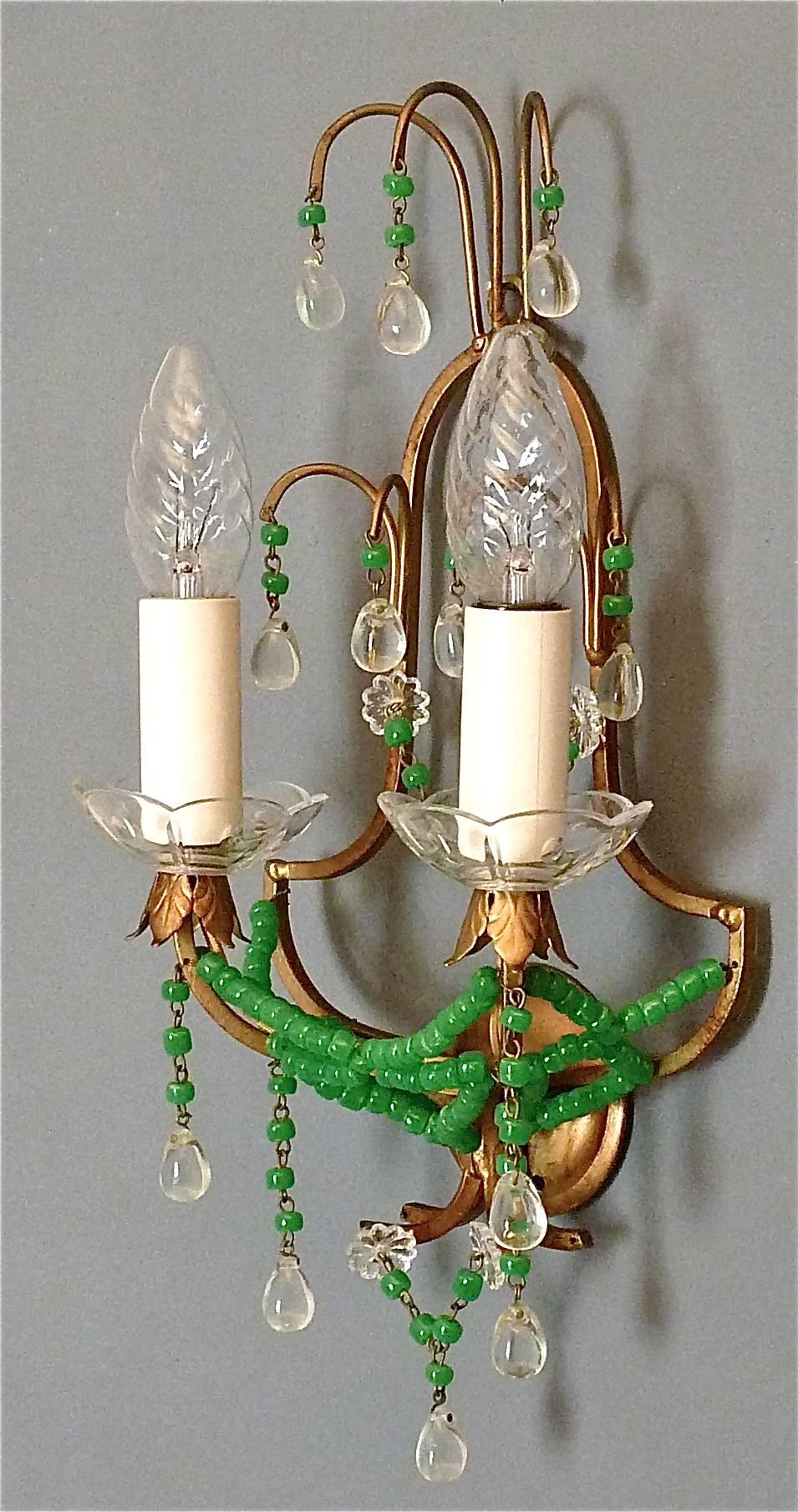 Late 20th Century Pair Signed Sconces Italian Floral Gilt Metal Crystal Jade Green Murano Glass
