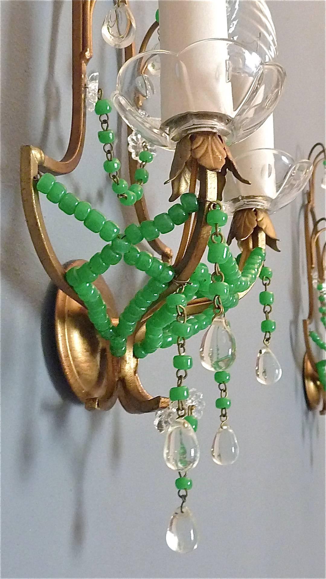 Pair Signed Sconces Italian Floral Gilt Metal Crystal Jade Green Murano Glass 3