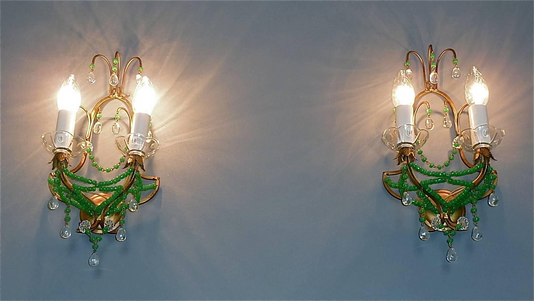 Pair Signed Sconces Italian Floral Gilt Metal Crystal Jade Green Murano Glass 4