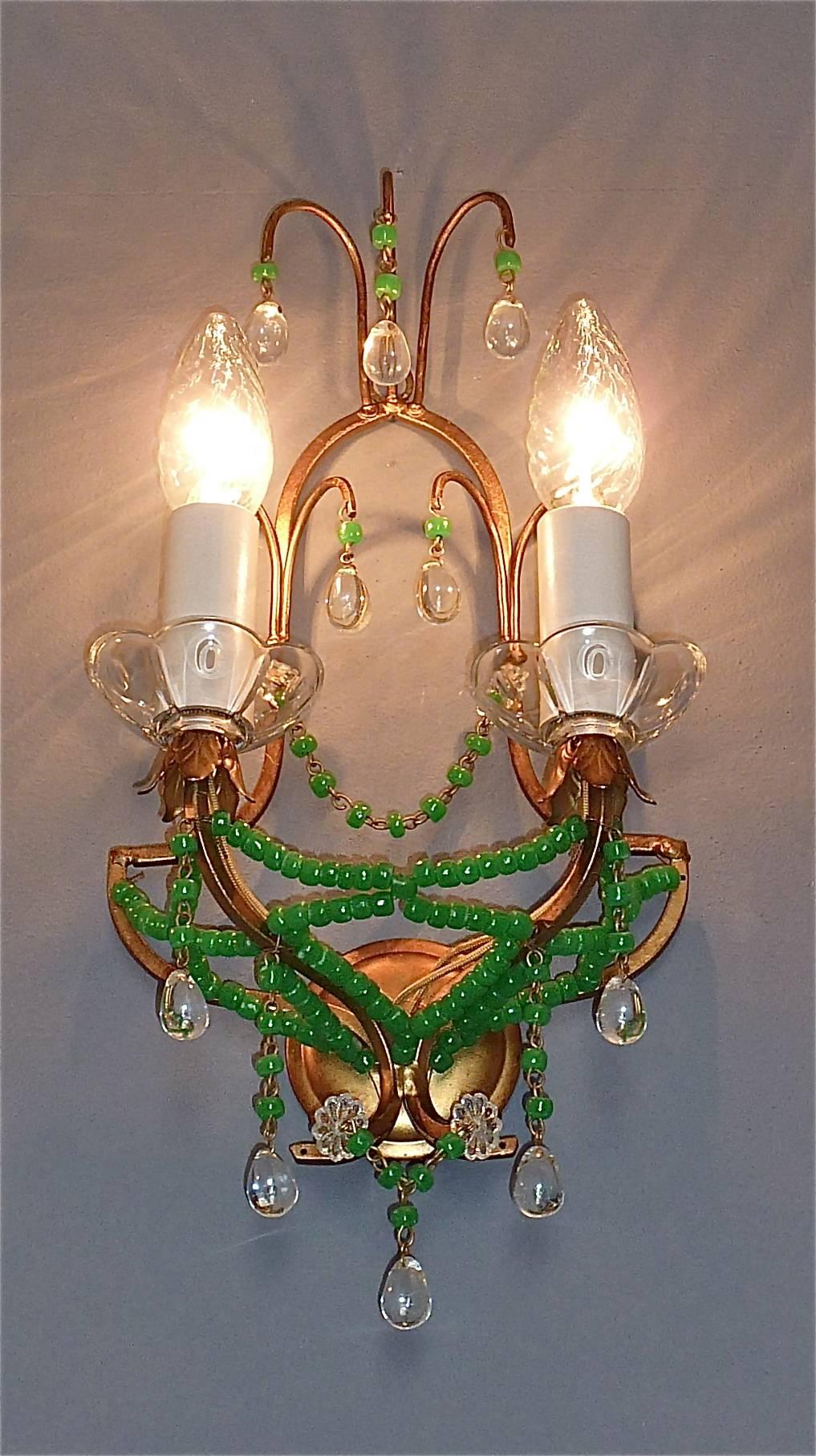 Pair Signed Sconces Italian Floral Gilt Metal Crystal Jade Green Murano Glass 5