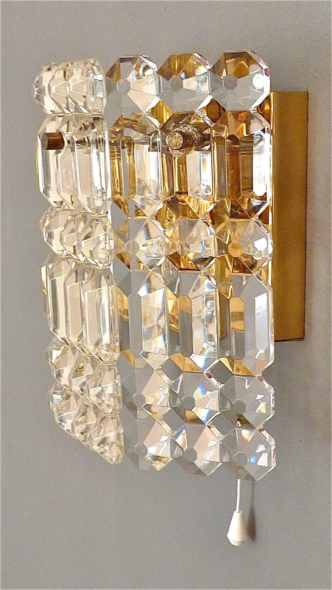 German Midcentury Pair Kinkeldey Sconces Wall Lights Brass Faceted Crystal Glass 1960s For Sale