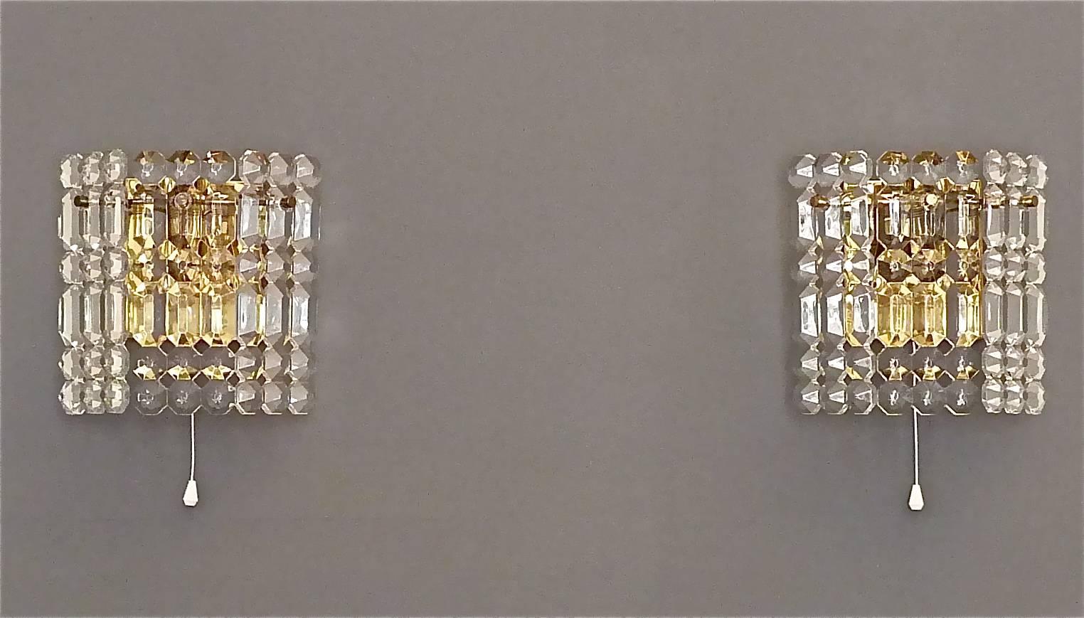 Mid-20th Century Midcentury Pair Kinkeldey Sconces Wall Lights Brass Faceted Crystal Glass 1960s For Sale