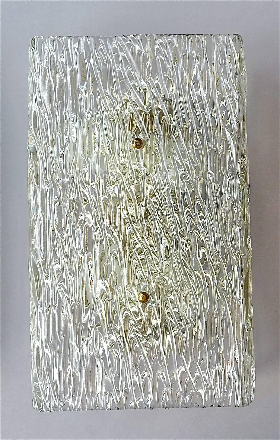 Mid-Century Modern Large J.T. Kalmar Sconces Wall Lights Textured Murano Glass Brass Venini Style