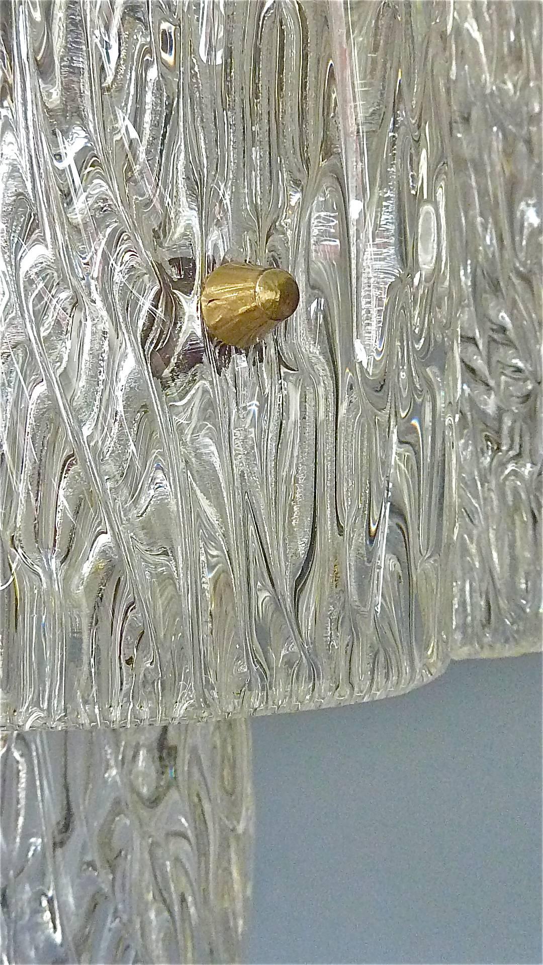 Austrian Large J.T. Kalmar Chandelier Lamp Textured Murano Glass Brass Venini Style 1950s For Sale