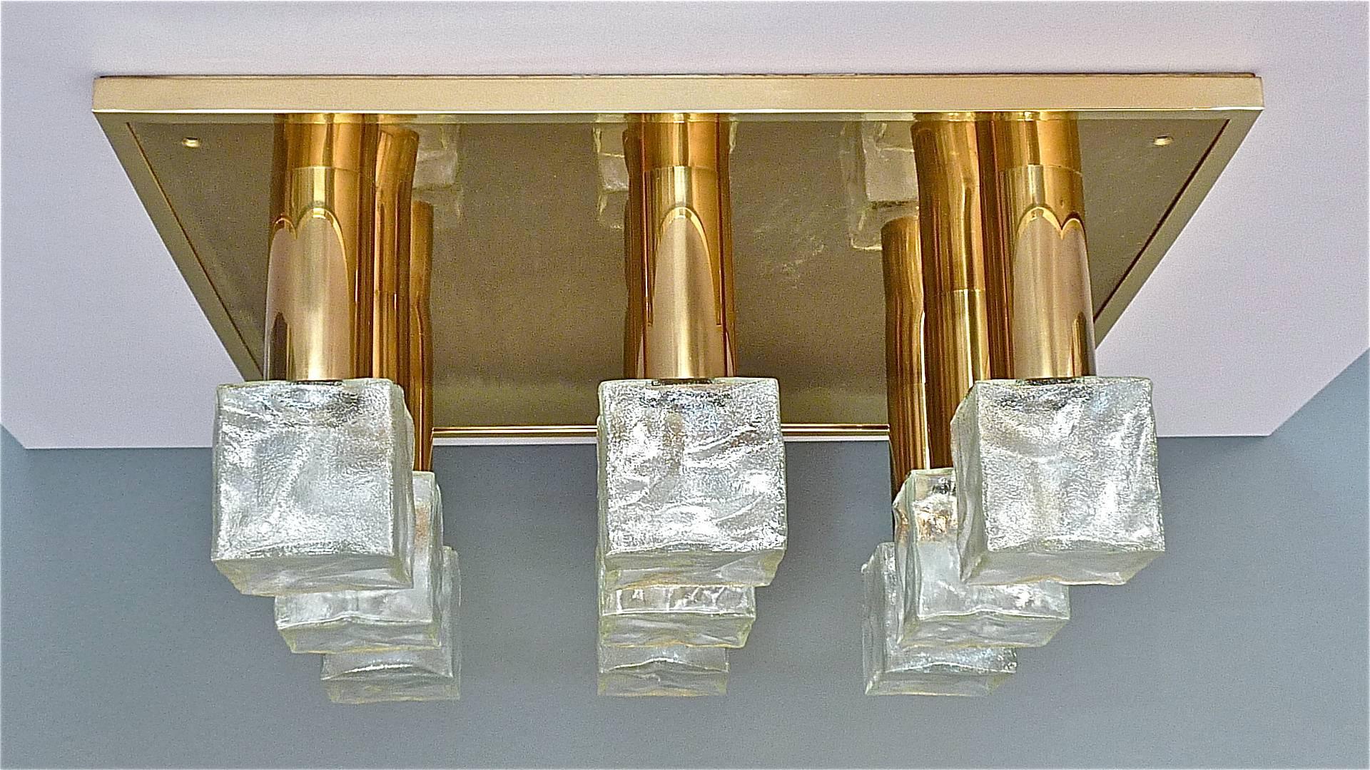 Mid-20th Century Huge Signed Kalmar Flush Mount Brass Frosted Glass Wall Light Installation, 1960