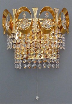 Pair of Palwa Sconces Wall Lamps Gilt Brass Faceted Crystal Glass 1960s