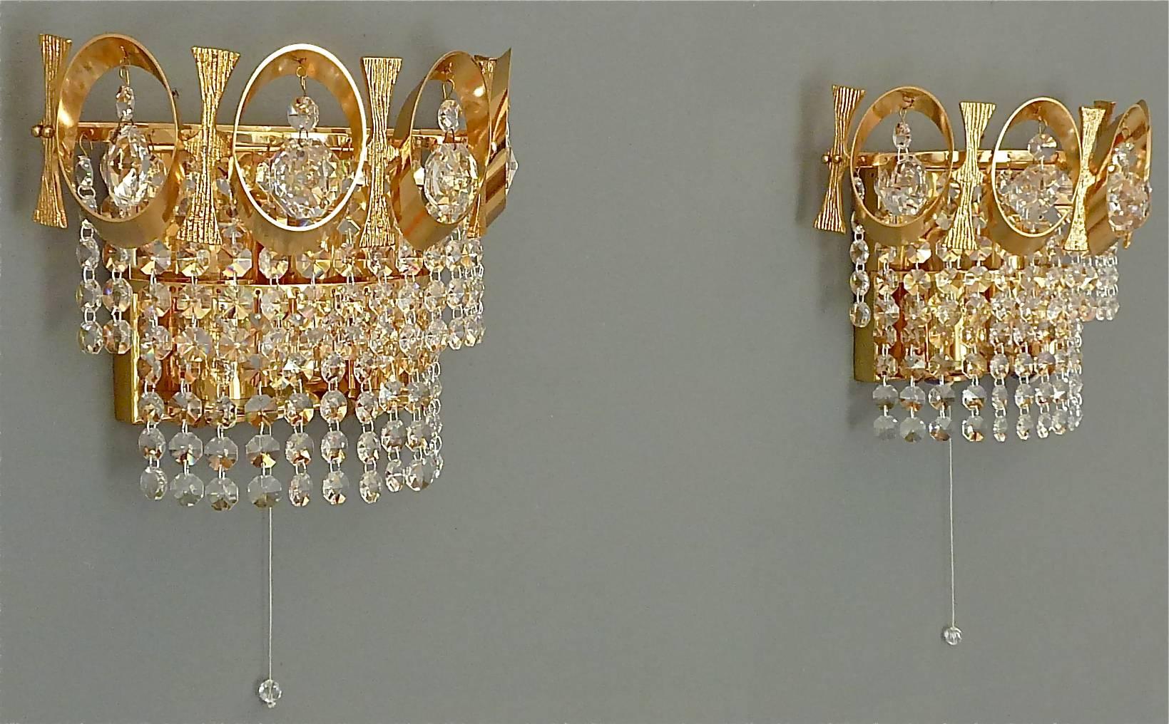 Mid-Century Modern Pair of Palwa Sconces Wall Lamps Gilt Brass Faceted Crystal Glass 1960s For Sale