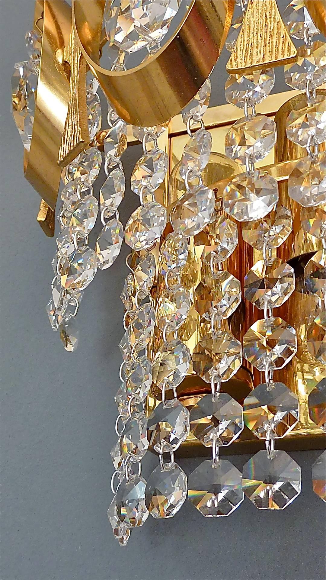 Mid-20th Century Pair of Palwa Sconces Wall Lamps Gilt Brass Faceted Crystal Glass 1960s For Sale
