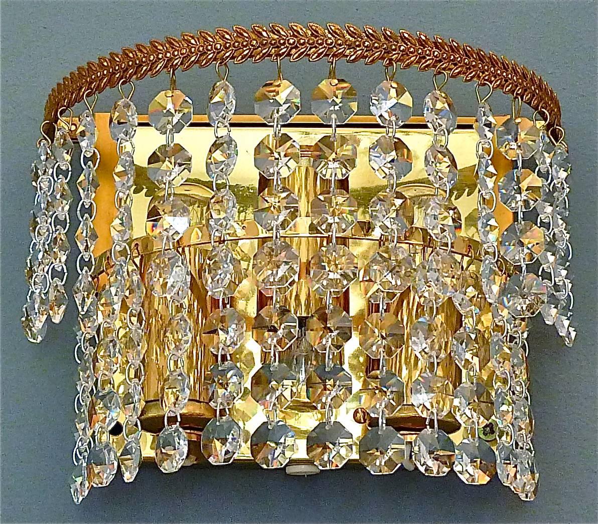 German Pair Palwa Sconces Wall Lights Gilt Brass Faceted Crystal Glass Leaf Decor 1960s